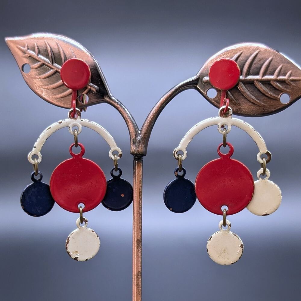 Vintage MCM Mobile Dangle Clip-On Dangle Red White Blue Enamel Earrings *As Is